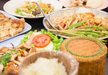 Set of papaya spicy salad meal