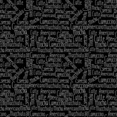 Lettering types of coffee seamless pattern