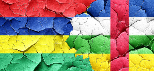 Mauritius flag with Central African Republic flag on a grunge cr