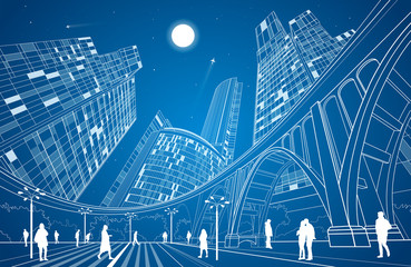 Big bridge, night city on background, industrial and infrastructure illustration, white lines landscape, people walk on the square, neon town, vector design art - obrazy, fototapety, plakaty