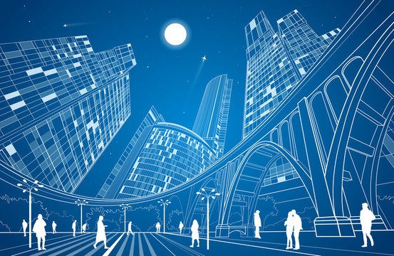 Big bridge, night city on background, industrial and infrastructure illustration, white lines landscape, people walk on the square, neon town, vector design art