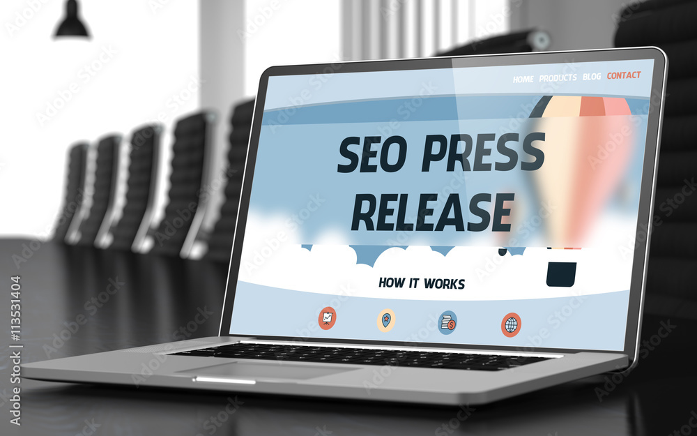 Poster seo press release - landing page with inscription on mobile computer screen on background of comfort