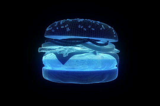 Burger Hamburger Wireframe Hologram. Nice 3D Rendering
