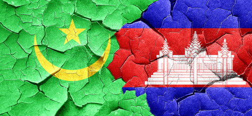 Mauritania flag with Cambodia flag on a grunge cracked wall