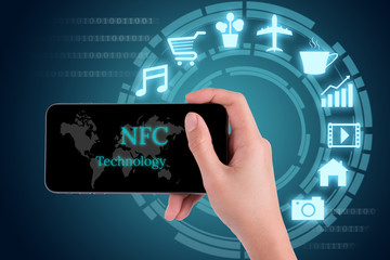 woman hand using smart phone in concept near field communication