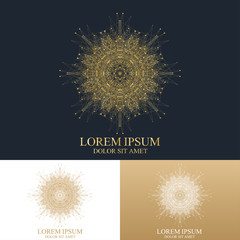 Geometric abstract round form with connected line and dots. Graphic composition for medicine, science, technology , chemistry. Vector SignTemplate. Luxury golden solutions design