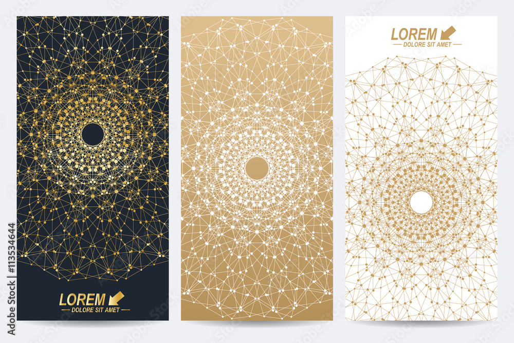 Poster modern set of vector flyers. molecule and communication background. geometric abstract round golden 
