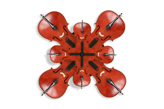 Fotokunst mit Saiteninstrument: Rotes Cello Ornament vor wei&szlig;em Hintergrund