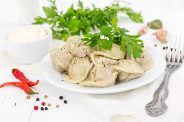 Boiled meat dumplings with sprig of parsley in white plate