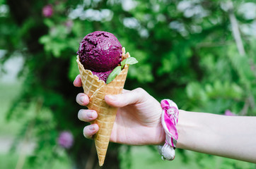 hand holding waffle cone with blueberry ice cream