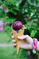hand holding waffle cone with blueberry ice cream