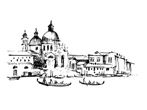 Streets in Venice with gondola, hand drawn vintage illustration on white background.