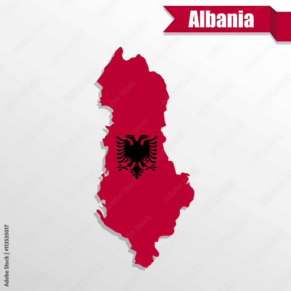 Poster albania map with flag inside and ribbon