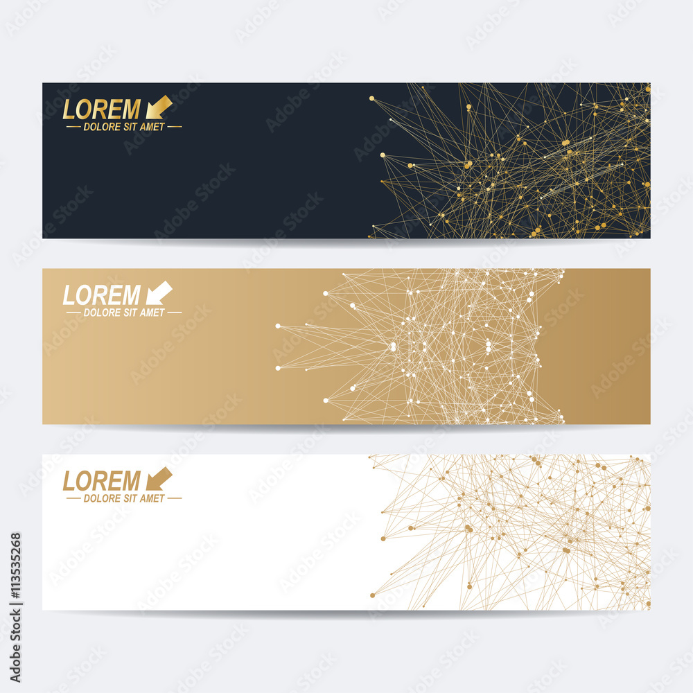 Poster geometric abstract banner with golden mandala. connected line, dots. molecule and communication back