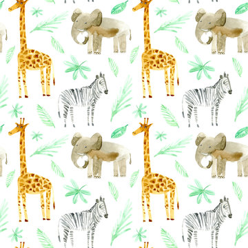 Seamless pattern with yellow giraffe, zebra, elephant and foliage.Watercolor hand drawn illustration.White background.Animals image.