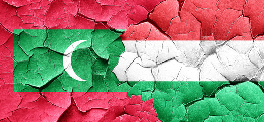 Maldives flag with Hungary flag on a grunge cracked wall