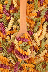 Colored uncooked italian pasta fusilli in a spoon