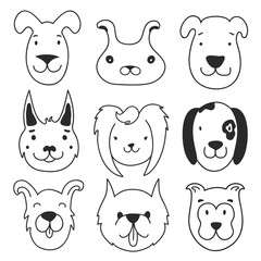 Cute vector set with doodle ink style dog heads