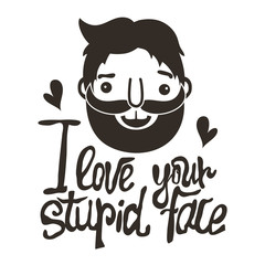 Vector greeting card with a hipster man with hearts.