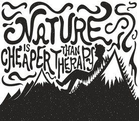 Fototapeta premium Man silhouette, mountains, pine trees and lettering quote