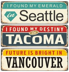 Retro metal signs collection with USA cities