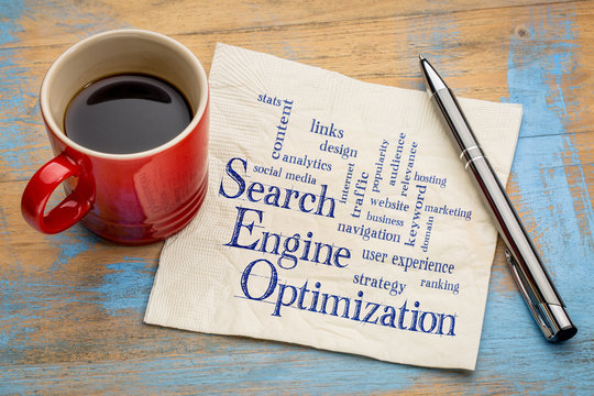 a cup of coffee and a cup of coffee on a napkin with the words search engine engine and engine diagr