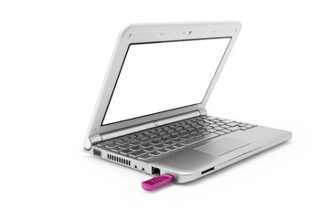 silver netbook with pink usb