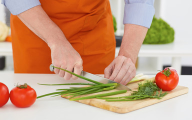 Close up hands a man chopping green onions in the kitchen at home.
