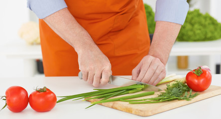Close up hands a man chopping green onions in the kitchen at home.