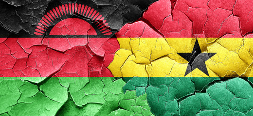 Malawi flag with Ghana flag on a grunge cracked wall