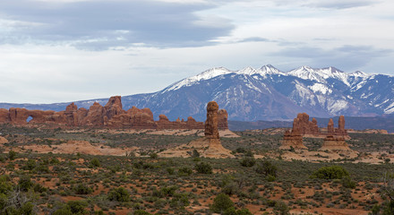 South Window and La Sal Mountains at Arches National Park in Moab Utah.
