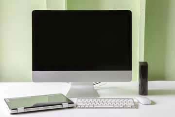 Business place of work with with computer monitor keyboard and m