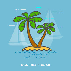 Fototapeta na wymiar Flat illustration of tropical palm tree against blue background. Flat design of beach palms, front view. Vector illustration about travel concept, southern nature, resort, tropical flora, beach, etc