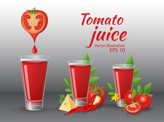 Tomatoes and glass of fresh tomato juice with cheese, chily, parsley and tomato leaves