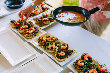 seafood cold snacks on buffet table, catering