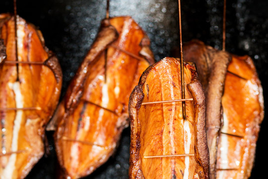 Smoked fishes close-up