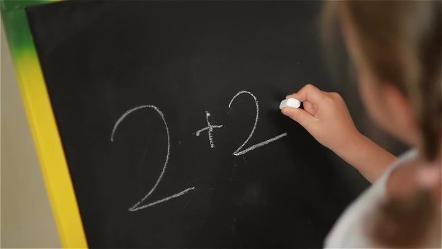 Schoolchild Practicing simple math on chalk board
