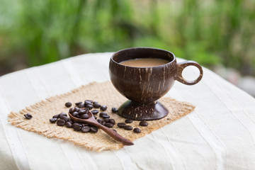 Coffee beans on the wooden floor.