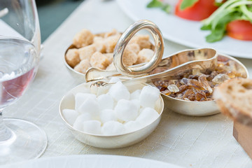 Different kinds of Sugar in a Beautiful Metal Plate, English Tea Ceremony or Breakfast Time Concept