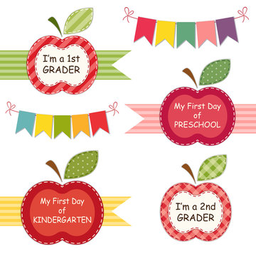 Cute Back to School theme labels as apple mini frames with ribbons and bunting can be used for photo album decoration, as photo booth props, for scrapbooking etc