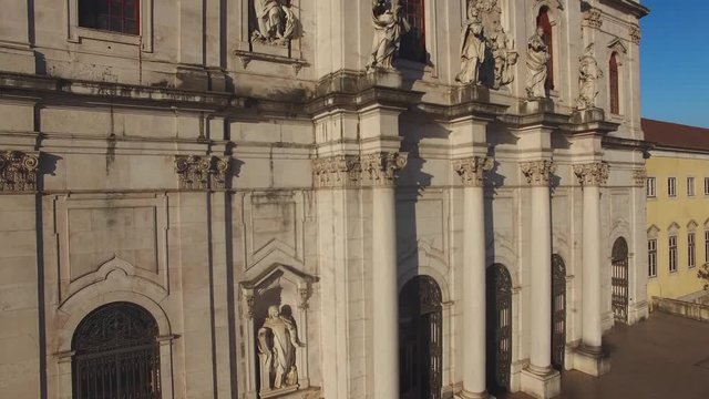 main facade of the Estrela Basilica in Lisbon at morning aerial view