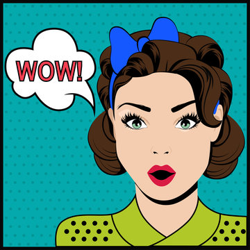 WOW pop art surprised woman with speech bubble. Vector illustration