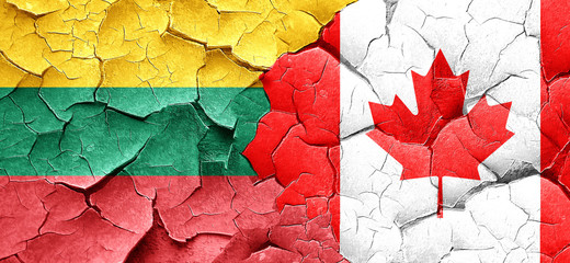 Lithuania flag with Canada flag on a grunge cracked wall