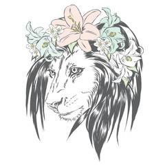 Beautiful lion wearing a crown of flowers. King of beasts. Vector  for greeting card, poster, or print on clothes.