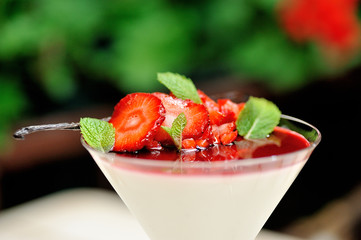 Vanilla panna cotta with strawberry sauce and mint, horizontal
