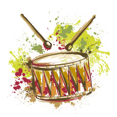 Drum with splashes in watercolor style. Hand drawn vector illustration