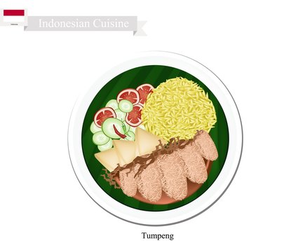 Tumpeng or Indonesian Yellow Rice with Various Indonesian Dishes