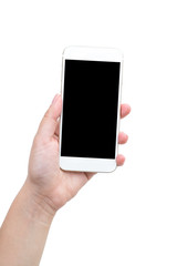 Hand holding mobile phone isolated on white background