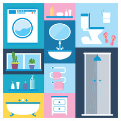 Bathroom furniture objects icons set with interior accessories for washing