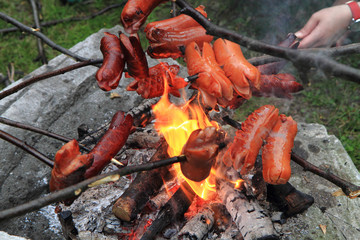 traditional czech sausages and the fire